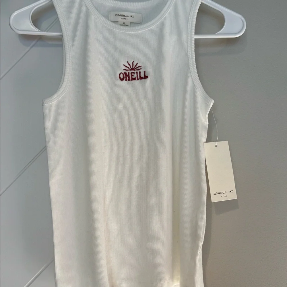 O’Neill Girls XL White Ribbed Tank Top NWT Sunset Logo Graphic